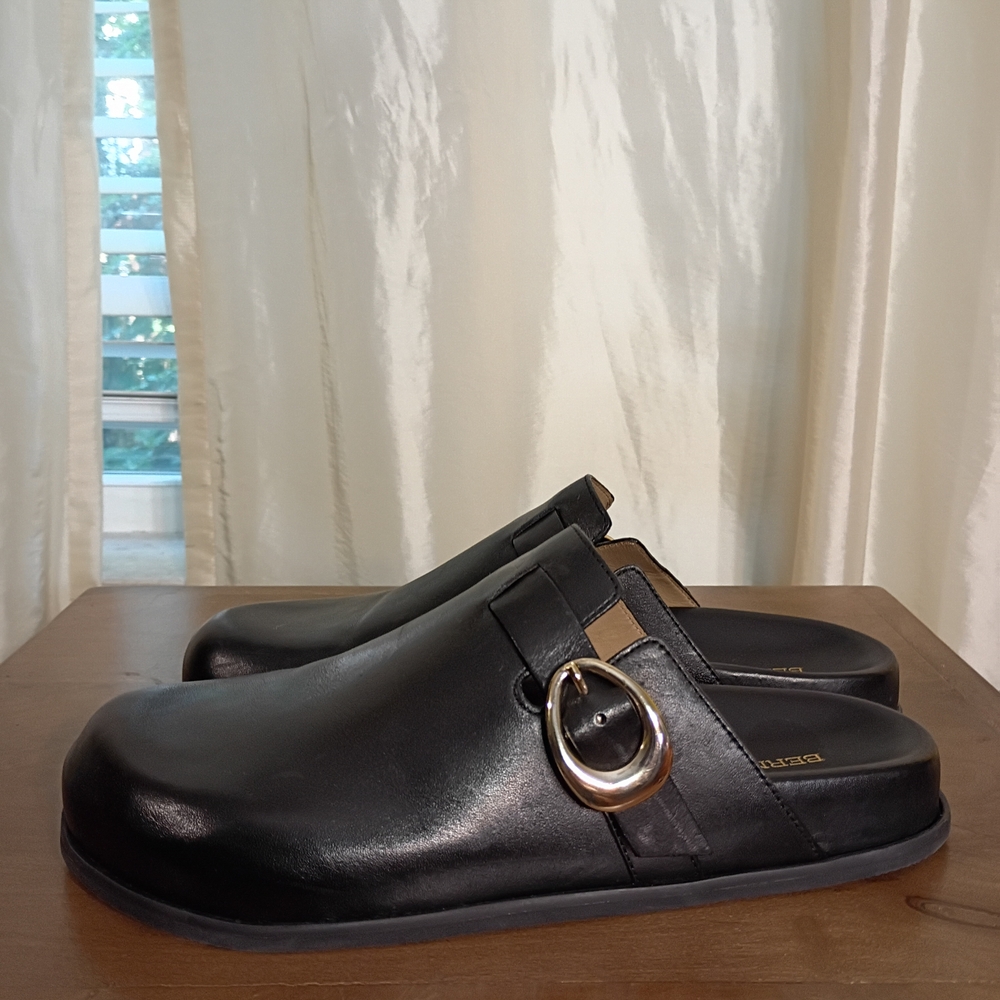 Bernardo Black Leather Mules with Silver Buckle